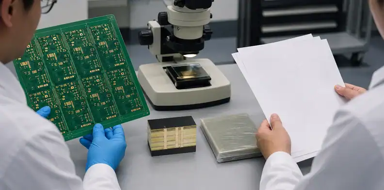 PCB quality evidence review with microsection and material samples