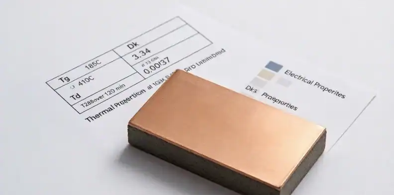 Laminate sample with datasheet showing thermal and electrical properties by BCDR method at 13 GHz