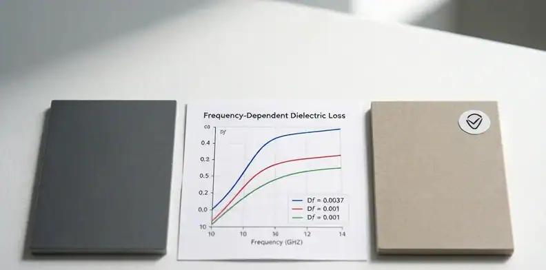 Two laminate samples one halogen-free with a frequency-dependent Df curve graph comparing three loss tiers
