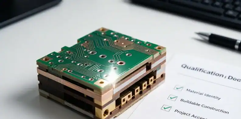 Multilayer PCB cross-section with microvias beside a fabricator qualification checklist