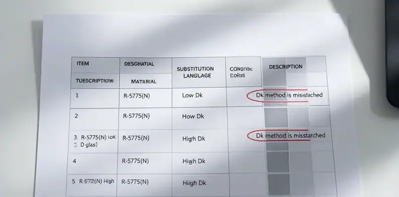 RFQ specification with material callout checklist and a deviation comparison table marking a mismatched Dk method