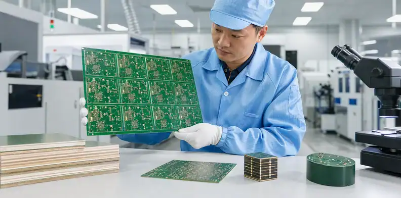 Engineer inspecting a multilayer PCB panel during fabrication qualification