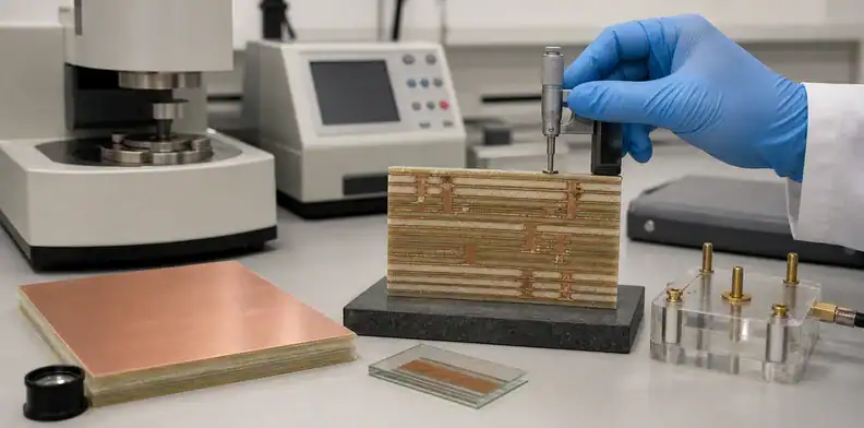 Engineer measuring an FR-4 multilayer sample during NP-140 material evaluation