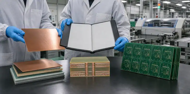 Controlled handoff from copper-clad laminate review to PCB fabrication