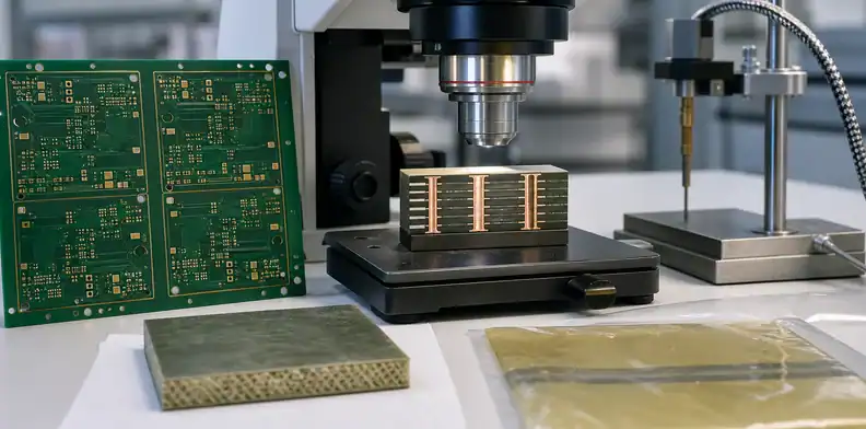 Multilayer PCB panel and plated-through-hole microsection under fabrication qualification