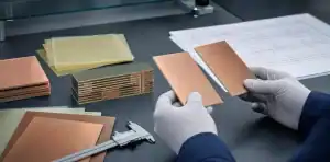 Engineer comparing copper-clad laminate samples and a multilayer PCB stack-up for NP-150 grade identification