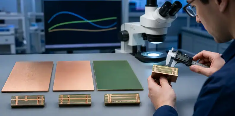 Multilayer PCB constructions and test coupons compared under matching conditions
