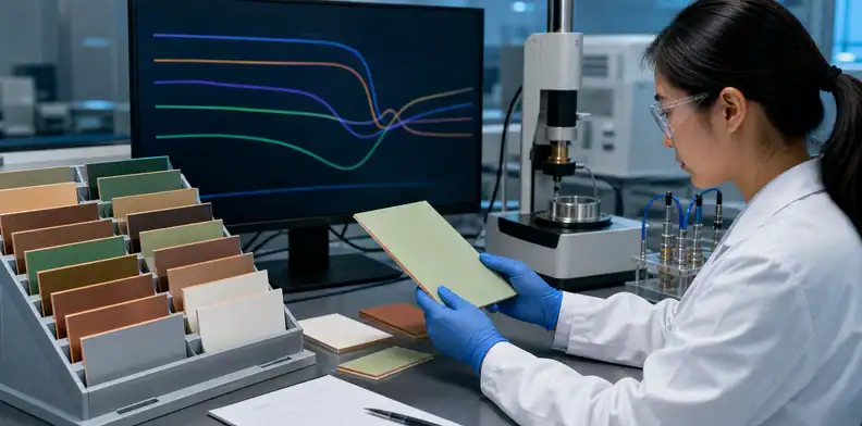 Laminate samples reviewed beside thermal-analysis and dielectric-test equipment