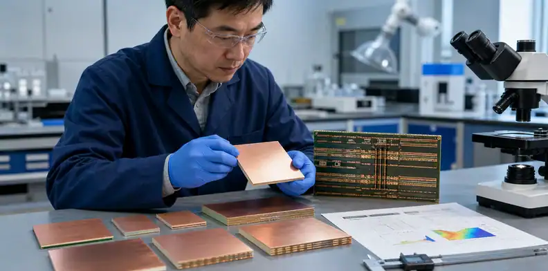 Engineer comparing copper-clad laminate samples and a multilayer PCB section for NP-170 material identification