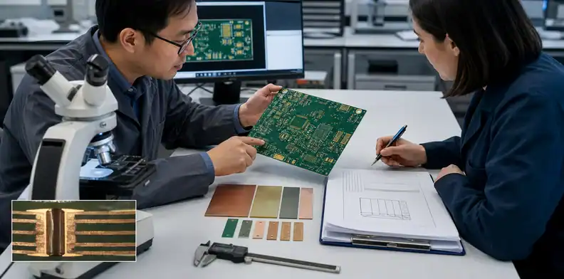 Engineers reviewing PCB stack-up samples, test coupons, and an RFQ release package
