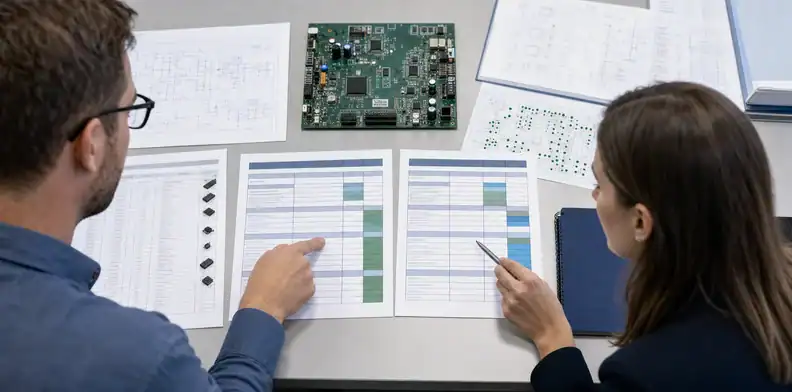Two people comparing documents beside a circuit board
