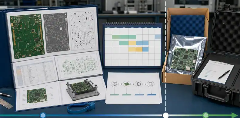 PCB build files, factory calendar, and carrier handoff prepared for delivery planning