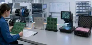 Production planner reviewing parallel PCB fabrication, sourcing, assembly, and delivery paths