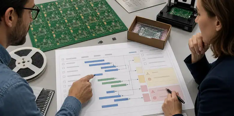 Engineer and buyer reviewing a dated PCB assembly quotation with risks and dependencies