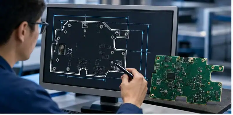 PCB board outline tolerance requirements shown in a quote-ready PCB manufacturing review scene