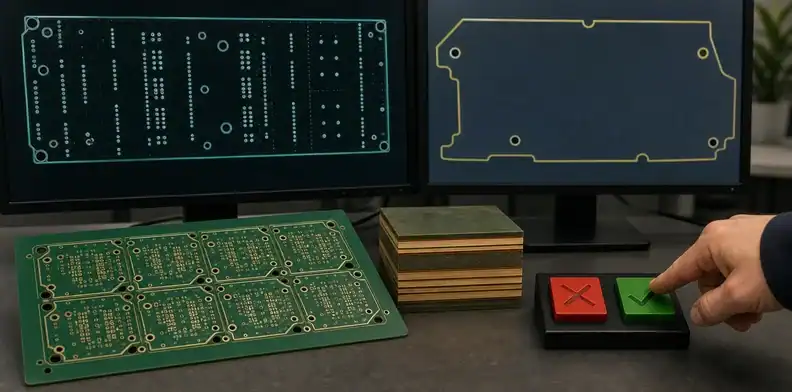 PCB CAM questions review showing drill and stack-up approval before fabrication