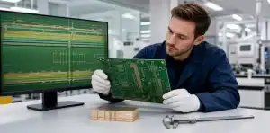CAM engineer checking a bare PCB against manufacturing capability