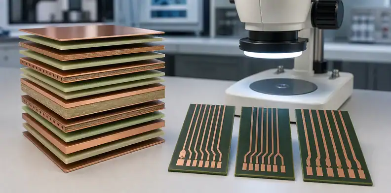 Multilayer stack-up and copper trace samples under capability review
