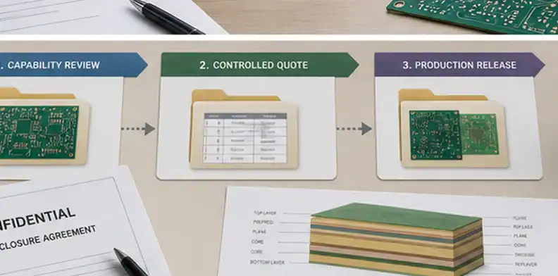 Staged PCB file release with NDA and production approval controls