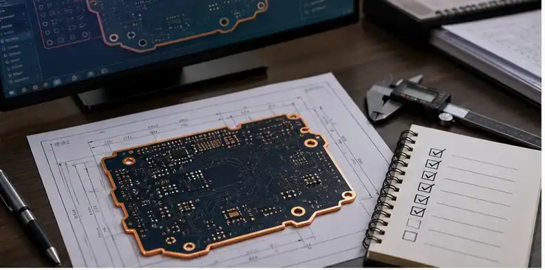 PCB edge plating requirements shown in an RFQ review desk with fabrication evidence