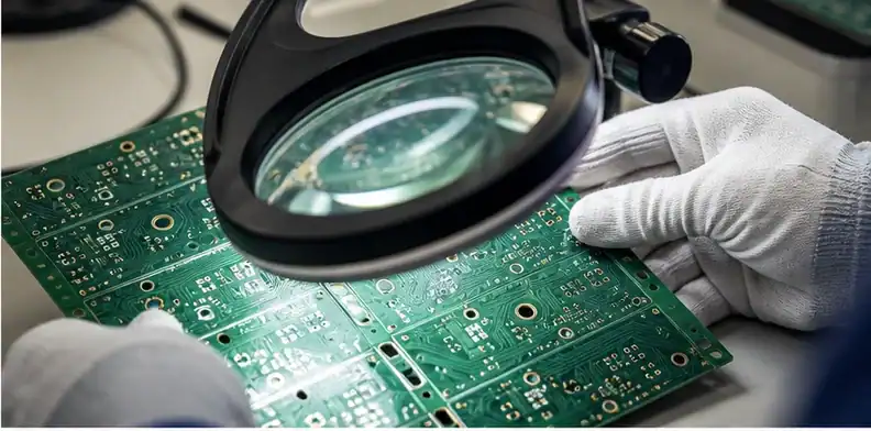 PCB incoming inspection visual check under magnifier for surface finish risk