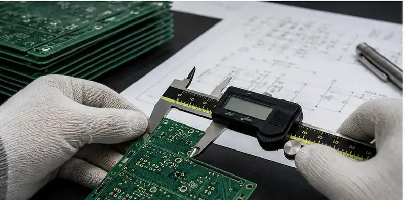 PCB incoming inspection dimensional check with calipers and fabrication drawing