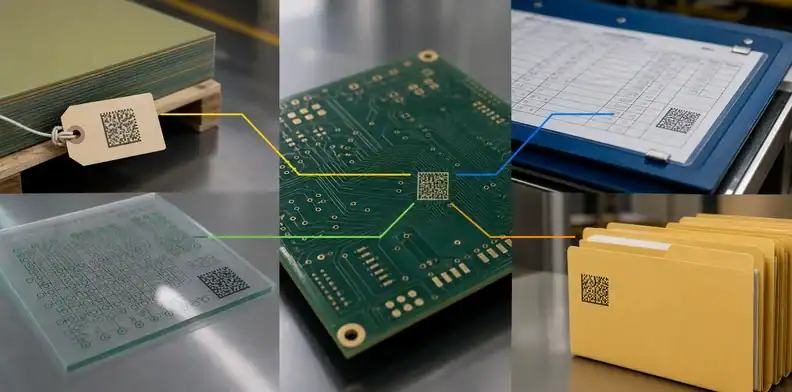 PCB lot traceability linking a durable board mark to manufacturing and test records