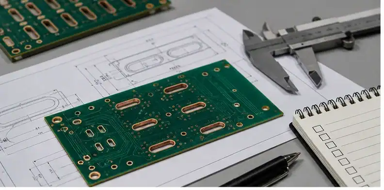 PCB plated slots requirements shown in a quote-ready RFQ review scene