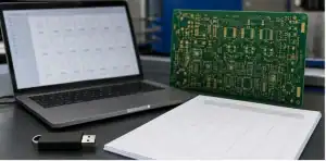 PCB production release package with laptop file grid USB drive blank manifest and bare PCB panel