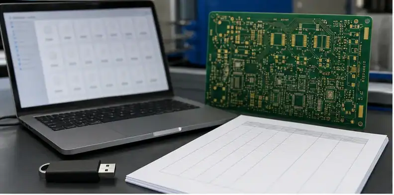 PCB production release package with laptop file grid USB drive blank manifest and bare PCB panel