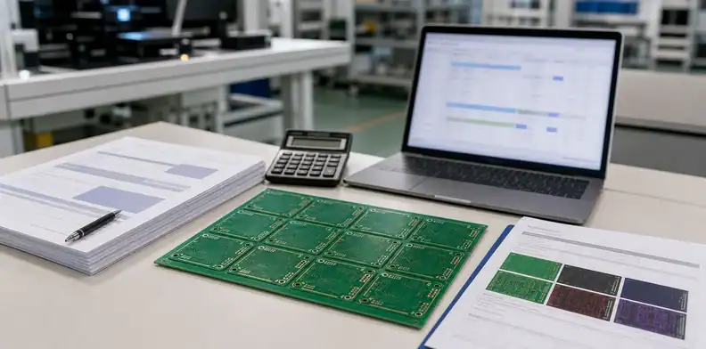 PCB purchase order review with quote packet Gerber manifest laptop and bare PCB panel before production