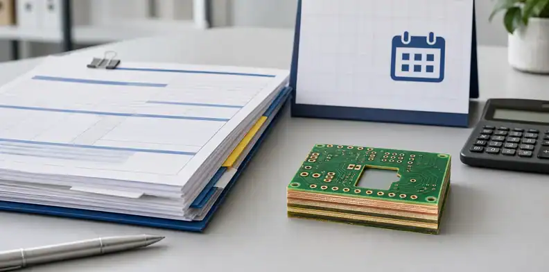 PCB purchase order review comparing quote scope validity calendar and stack-up sample before ordering