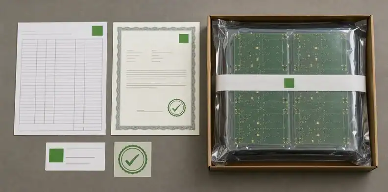 PCB quality documents showing conformity certificate packing list and lot identity