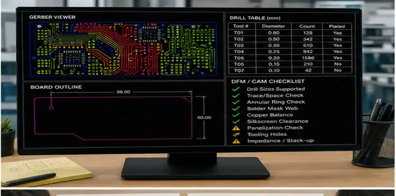 CAM review comparing Gerber layers and drill data before PCB quote changes