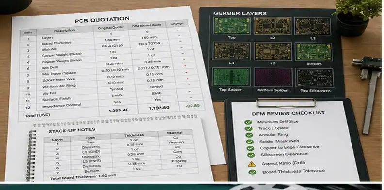 PCB quote changes reviewed alongside Gerber files and DFM notes