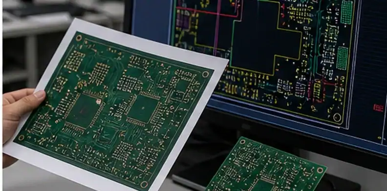 Engineering desk comparing revised Gerber files with original PCB quotation
