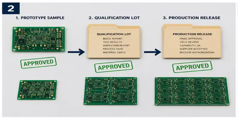 Prototype, qualification lot, and production release decision workflow for PCB sourcing