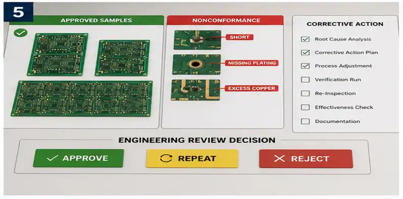 PCB qualification evidence review with approve repeat or reject decision