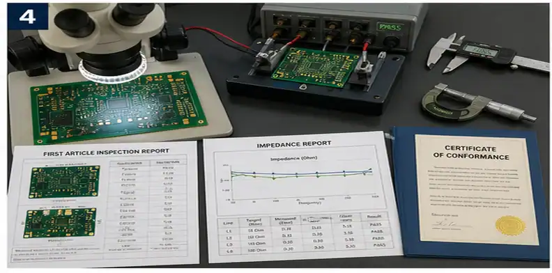 First article inspection and quality records for a PCB supplier qualification lot