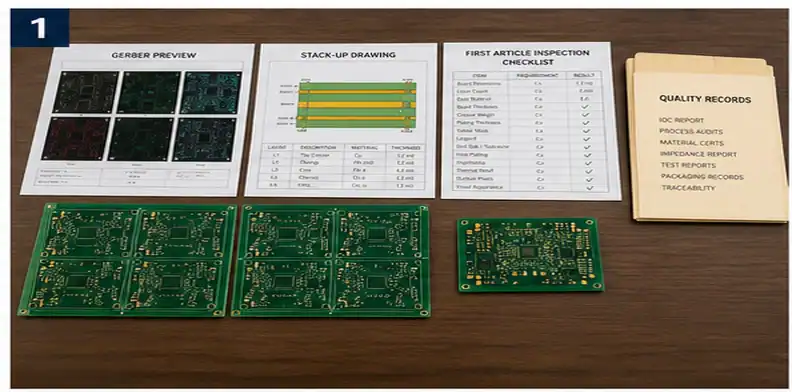 PCB supplier qualification order package with inspection records and sample boards
