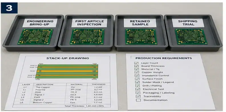 PCB qualification samples allocated against production stack-up and evidence needs