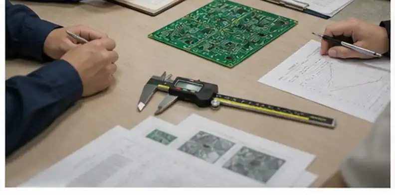 Corrective-action review table with PCB sample and inspection tools