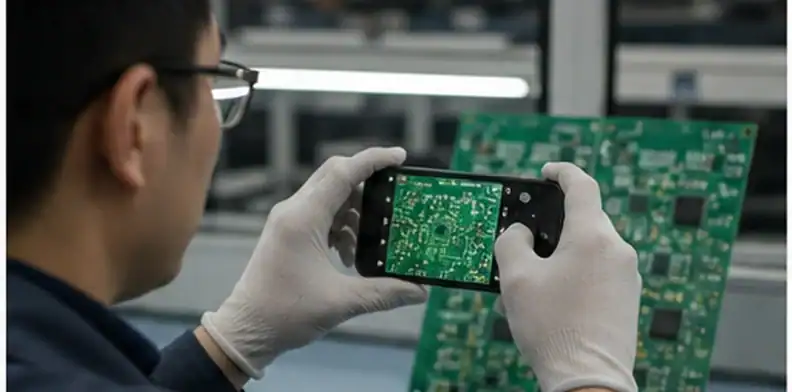 Engineer photographing a PCB defect for quality claim documentation