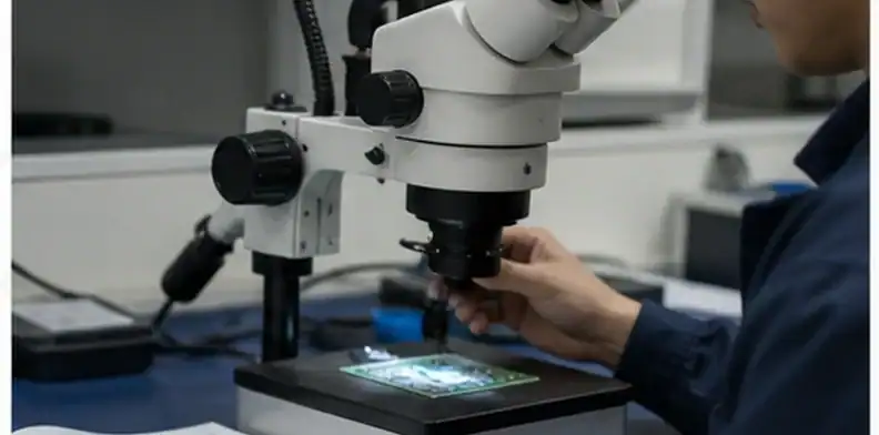 Microscope inspection of a PCB issue during supplier quality investigation