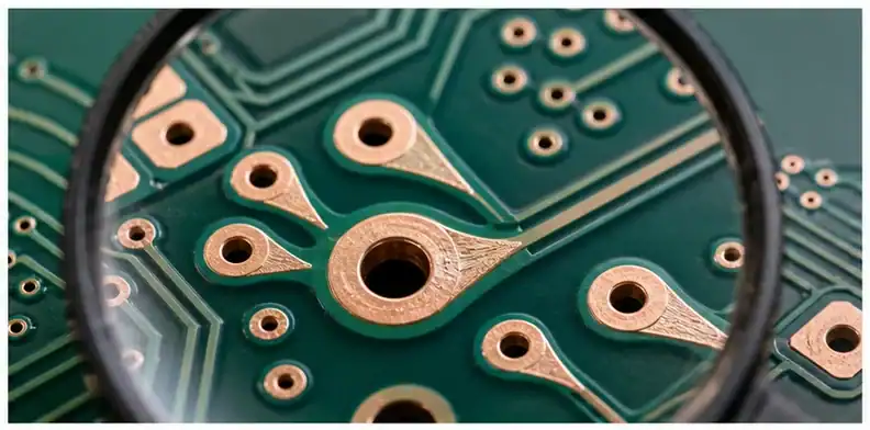 PCB teardrop requirements shown in a quote-ready PCB manufacturing review scene
