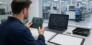 Engineer reviewing a PCBA and manufacturing data for an assembly RFQ