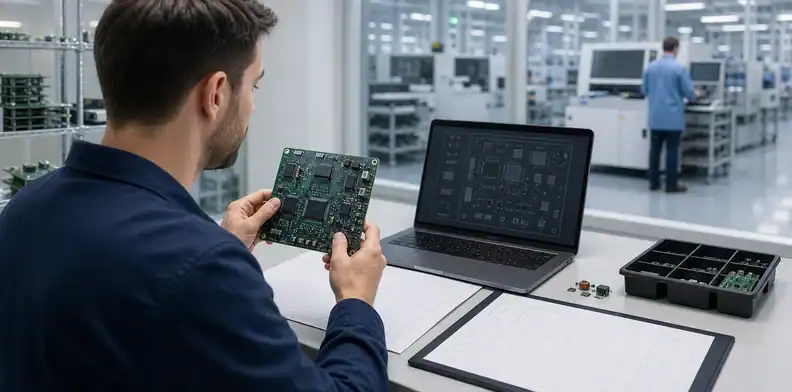 Engineer reviewing a PCBA and manufacturing data for an assembly RFQ
