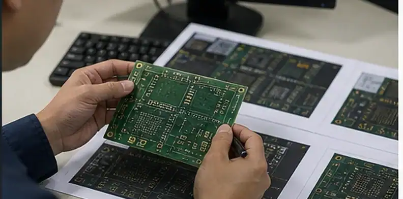 Engineer comparing approved PCB sample with repeat-order production files