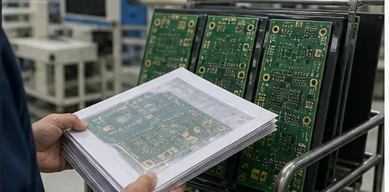PCB production traveler package reviewed beside board panels on the factory floor