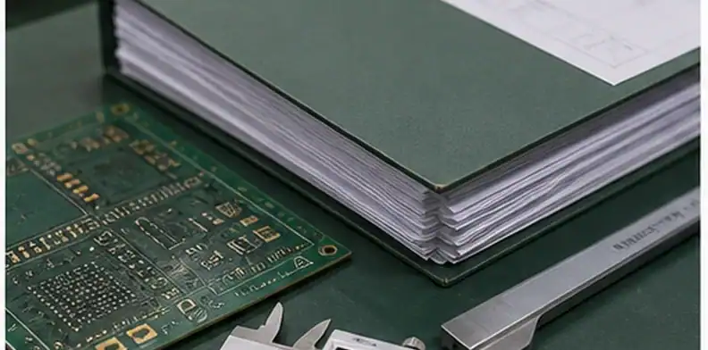 Controlled revision folder, PCB sample, and calipers for repeat-order review